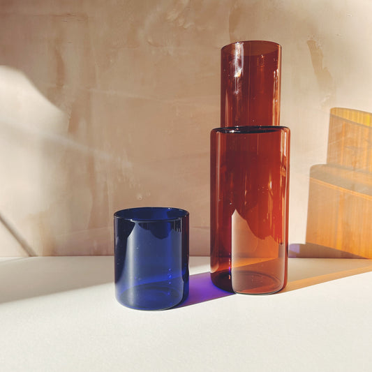 Block Design Duo Tone Glass Carafe & Glass - Amber & Cobalt