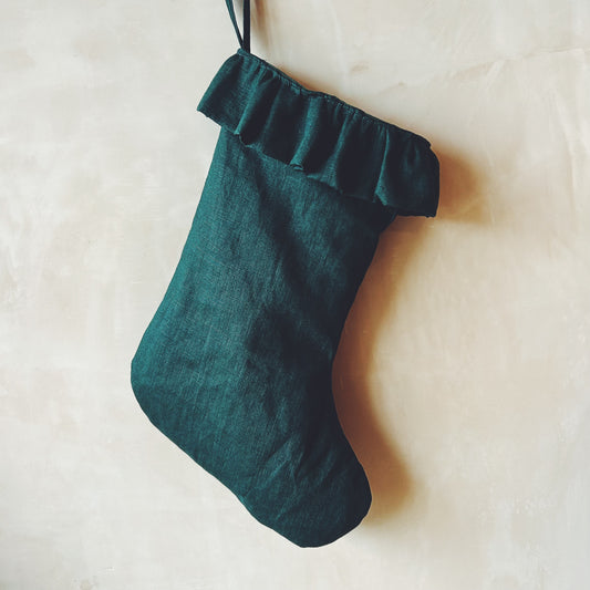 Dark Green Linen Christmas Stocking